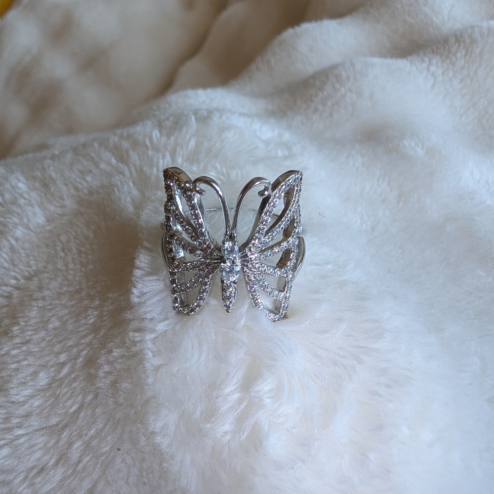 Silver Tone Butterfly Statement Ring Clear Cz Pav… - image 3